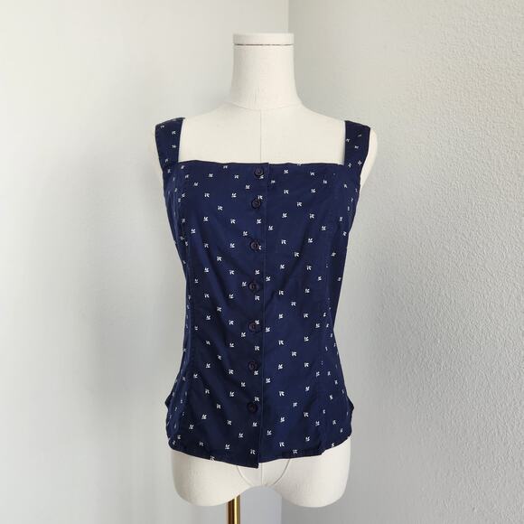Y2K High Sierra Blue White Patterned Square Neck Button Down Tank Top S - Picture 1 of 8